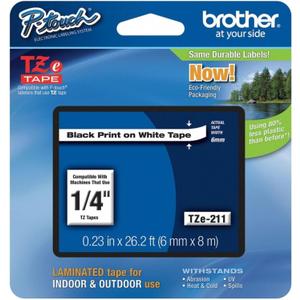 Brother Genuine P-touch TZE-211 Label Tape 1, 1/4" (0.23") Standard Laminated P-touch Tape, Black on White, Laminated for Indoor or Outdoor Use, Water Resistant, 26.2 Feet (8M), Single-Pack