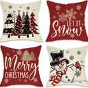 Fahrendom Merry Christmas Tree Decorative Throw Pillow Covers 18 x 18 Set of 4, Xmas Snowman Cardinal Porch Patio Outdoor Pillowcase, Let It Snow Winter Holiday Sofa Couch Cushion Case Home Decor