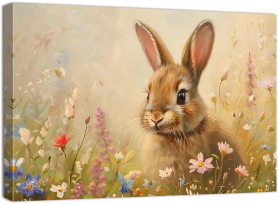QIXIANG Bunny Canvas Wall Art Rabbit in Flower Field Picture Wall Decor Farm Animals Poster Art Easter Painting Artwork Bedroom Decor Framed(Yellow,16.00" x 24.00")
