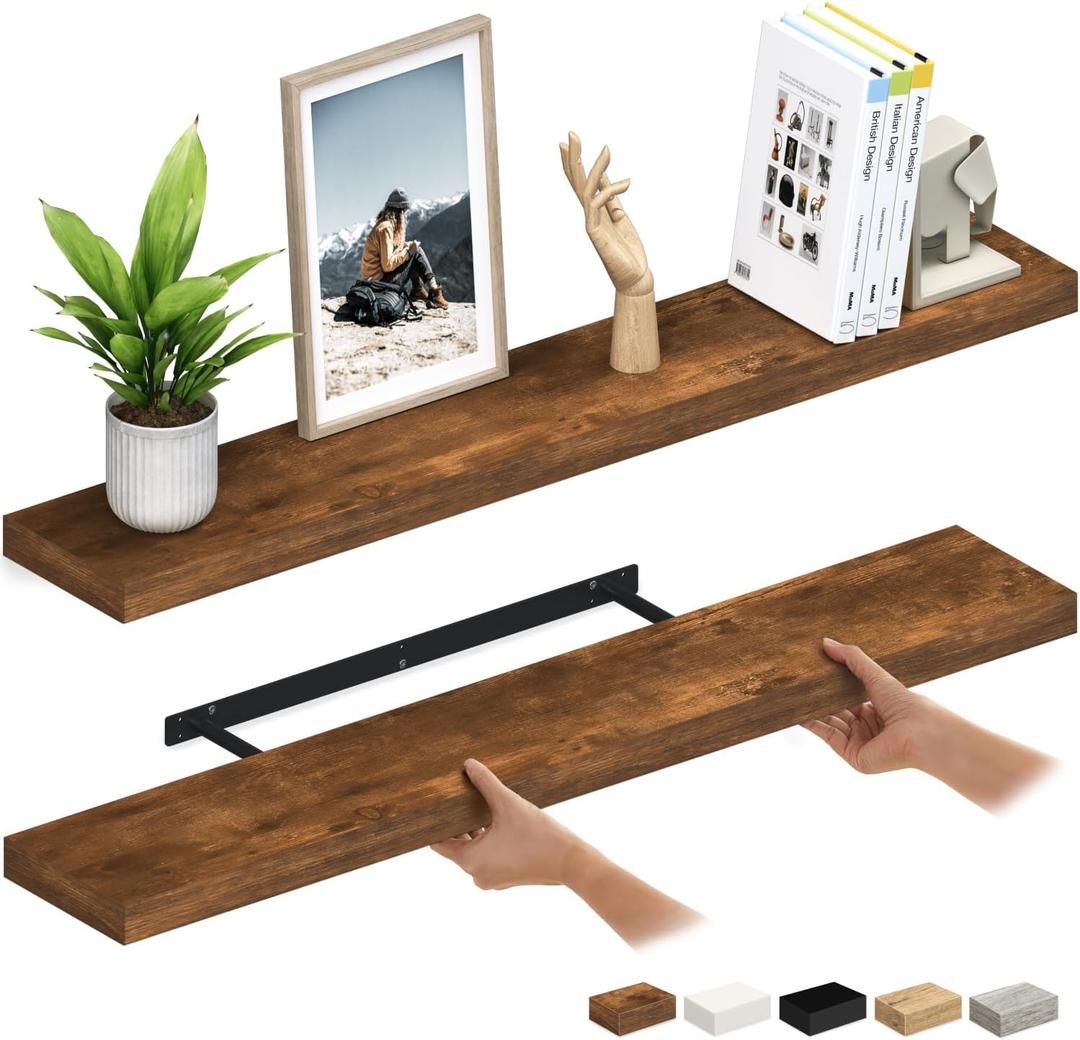 Ballucci Floating Shelves for Wall, 48" Wood Wall Shelf Set of 2, with Invisible Brackets for Bathroom, Living Room, Bedroom, Kitchen, Nursery, 8" Deep, Rustic Brown, 48" - 2 Pieces