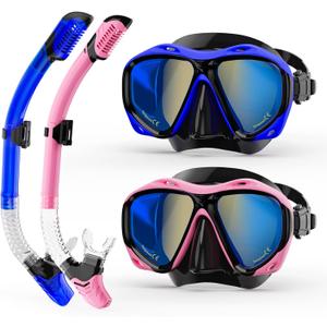 Snorkeling Gear for Adults, Dry Snorkel Mask Set Blue Electroplated 180 Panoramic Wide View Anti-Fog Scuba Diving Mask Goggles, Professional Snorkel Gear for Adults Swimming, Diving