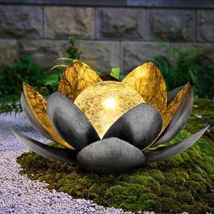 Otdair Solar Lights Outdoor Lotus, Garden Decor Metal Crackle Globe Glass Lotus Lamp, Outdoor Solar Lights for Yard, Patio, Balcony Decor