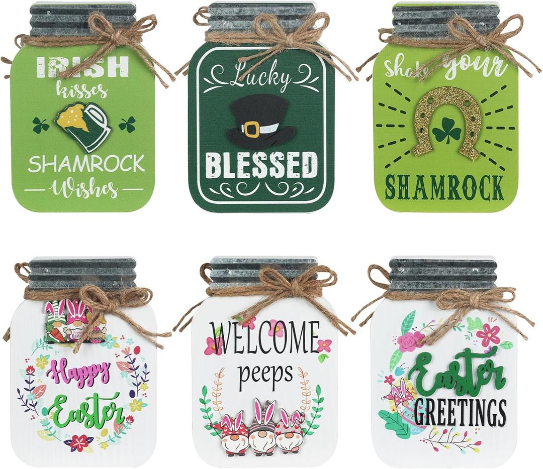 St Patricks Day Decorations & Easter Decor, DECSPAS 3 PCS Double-Sided Jar Block St Patricks Day Decor, Irish Hat Gnome Ornaments Saint Patricks Day Decorations for The Home, Table, Mantel, Shelf