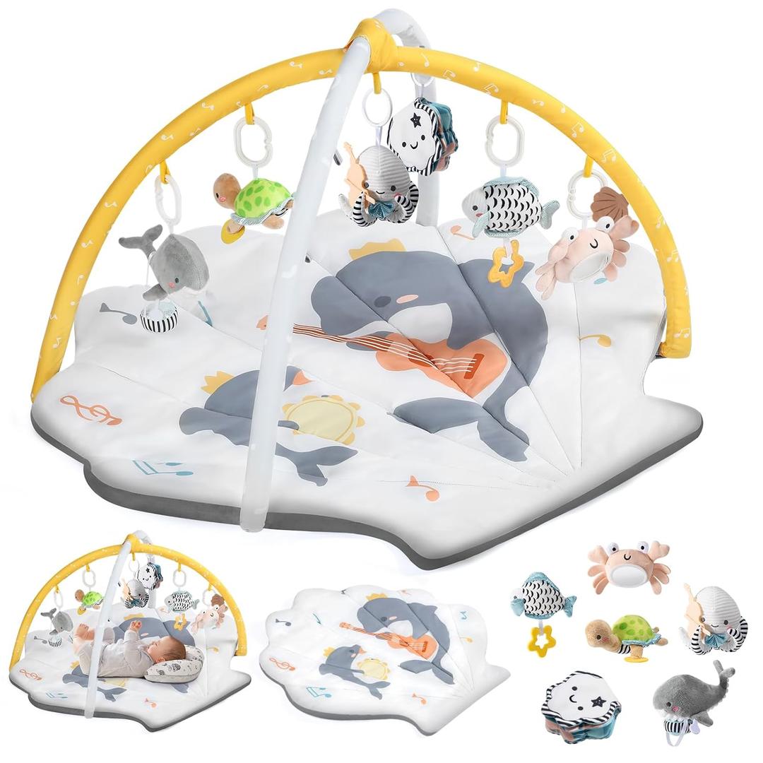 Shell Baby Play Mat, Play Mat for Babies 0-6 6-12 Months, Tummy Time Mat w 6 Detachable Toys, Enlarged Infant Activity Mat for Sensory & Motor Skill Development Boho Ocean Theme Baby Play Gym (White)