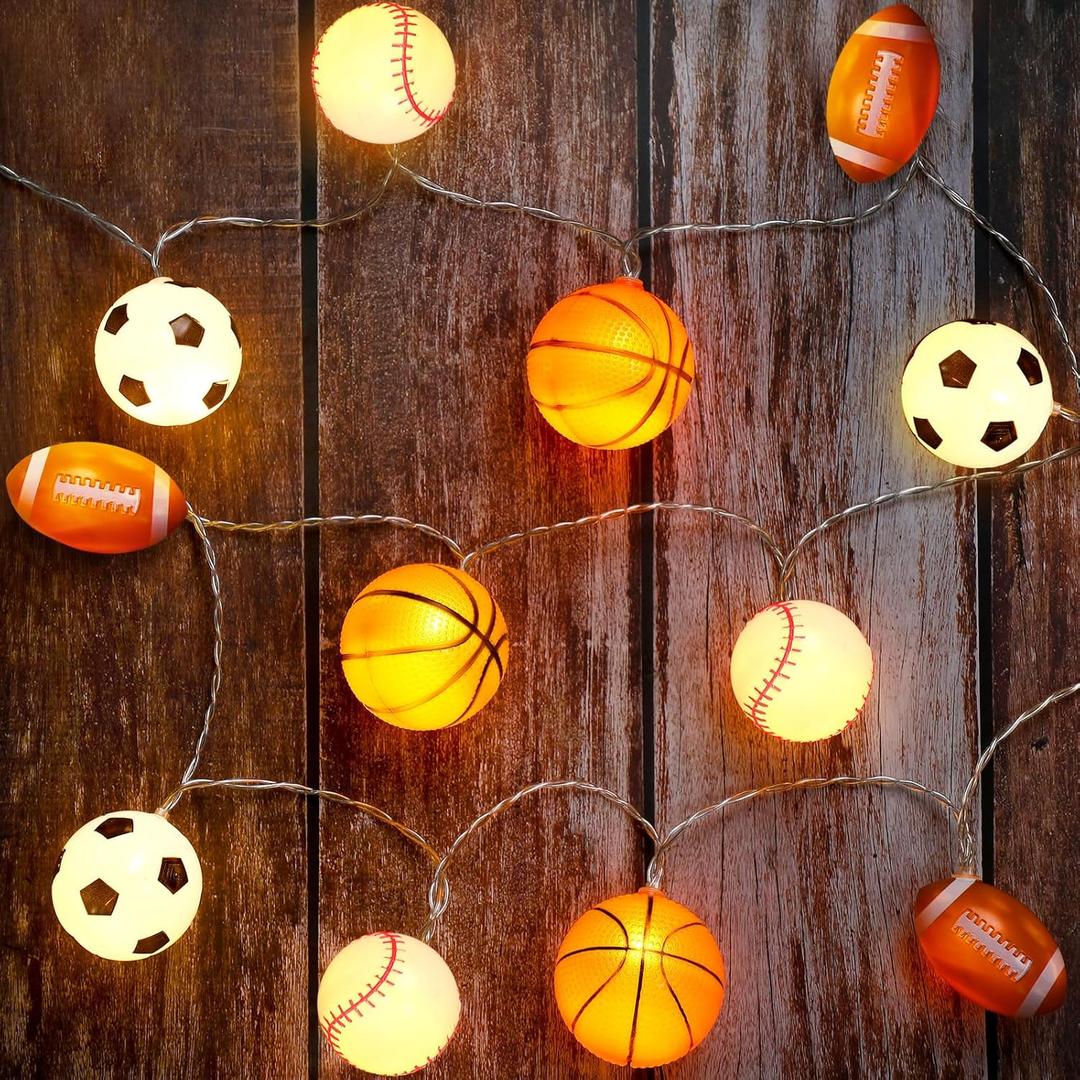 Bencailor 9.84 ft Sport Ball Theme Room Decor String Lights Baseball Basketball Football Soccer String LED Light up Decorations Battery Operated for Party Bedroom Decor