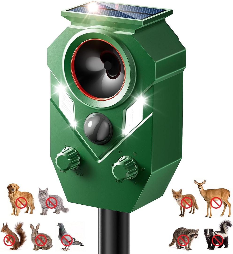 Solar Ultrasonic Animal Repellent, 1 Pack Deer Repellent Device Outdoor, IP65 Waterproof Cat Repeller with RIP Sensor, Effective Deterrent Dogs, Raccoons, Skunks, Squirrels, Rabbits - Green