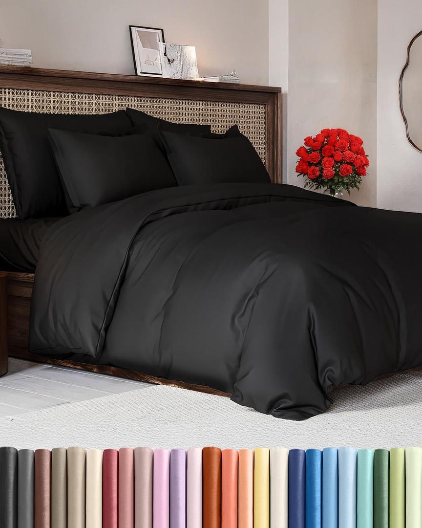 Duvet Cover Full Size Set - Extra Soft Full Duvet Cover 80" x 90" with 2 Pillow Shams - Hotel Luxury, Easy Care and Fade Free w/ Zipper Closures & Ties - All Season, Comfy, Cozy & Breathable (Black)