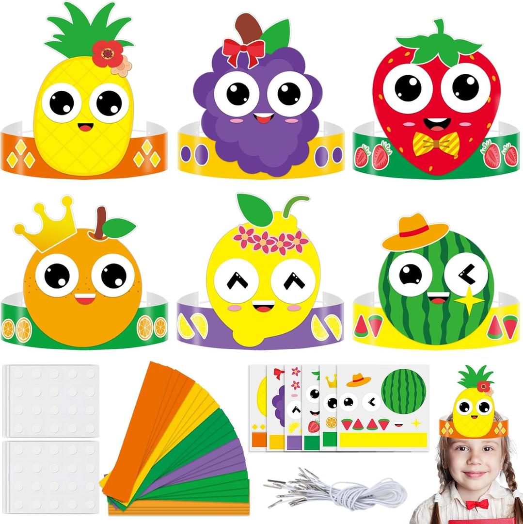 24 Sets Summer Fruits Headband Craft Kits DIY Fruit of The Spirit Paper Hat Crown with Strawberry Cutouts Back to School Art Stickers Craft for Kid Holiday Party Favor Supplies School Home Activity