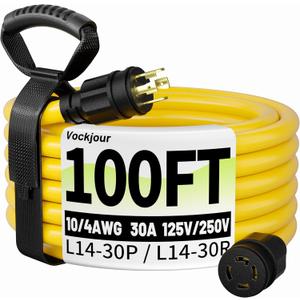 100FT 30 Amp Generator Cord, Outdoor Heavy Duty 4 Prong Extension Cord with Twist Lock, NEMA L14-30P/L14-30R, 30A 125/250V, 10 Gauge, STW, for Home Emergencies, RVs, ETL Listed, Yellow