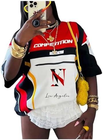 RoseSeek Women's Jersey Shirts Graphic Color Block Racing T Shirt Short Sleeve Crewneck Preppy Tee Tops Vintage Y2K Clothes XL Two-pieces