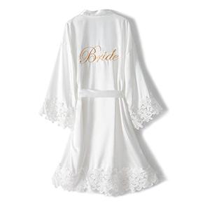 Crystal Dew Women's Lace Trim Bride Kimono Robes with Embroidery Bridal Silky Satin Bathrobe Wedding Party Sleepwear M