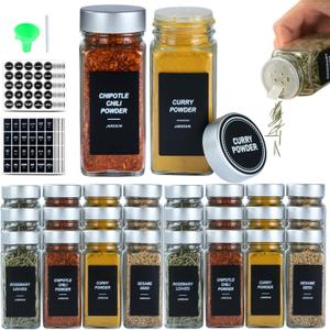 36 Glass Storage Jars- Spice Jars with Label-4oz Spice Containers with Shaker LidsSilvery Lids,3 Sets of Spice Labels for Spice Rack, (36)