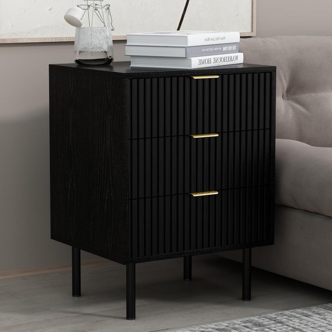 conifferism Fluted Black Nightstand 3 Drawers, Bedroom 26 Tall Bedside Night Stand, Modern Bed Side End Table Living Room, 19 Small Space Mid Century Storage Cabinet