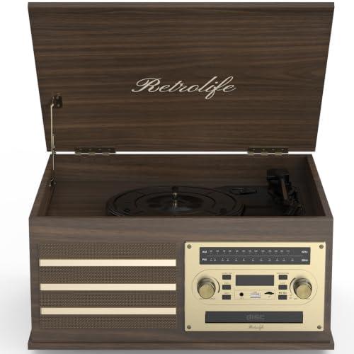 R Retrolife® Vinyl Record Player 10-in-1 Music Center Vintage Turntable,Brown Built-in Speakers,3 Speed,BT Wireless Input Output,CD Tape Cassette Player,AM FM Radio,RCA,Vinyl Recording to USB,Auto Stop 