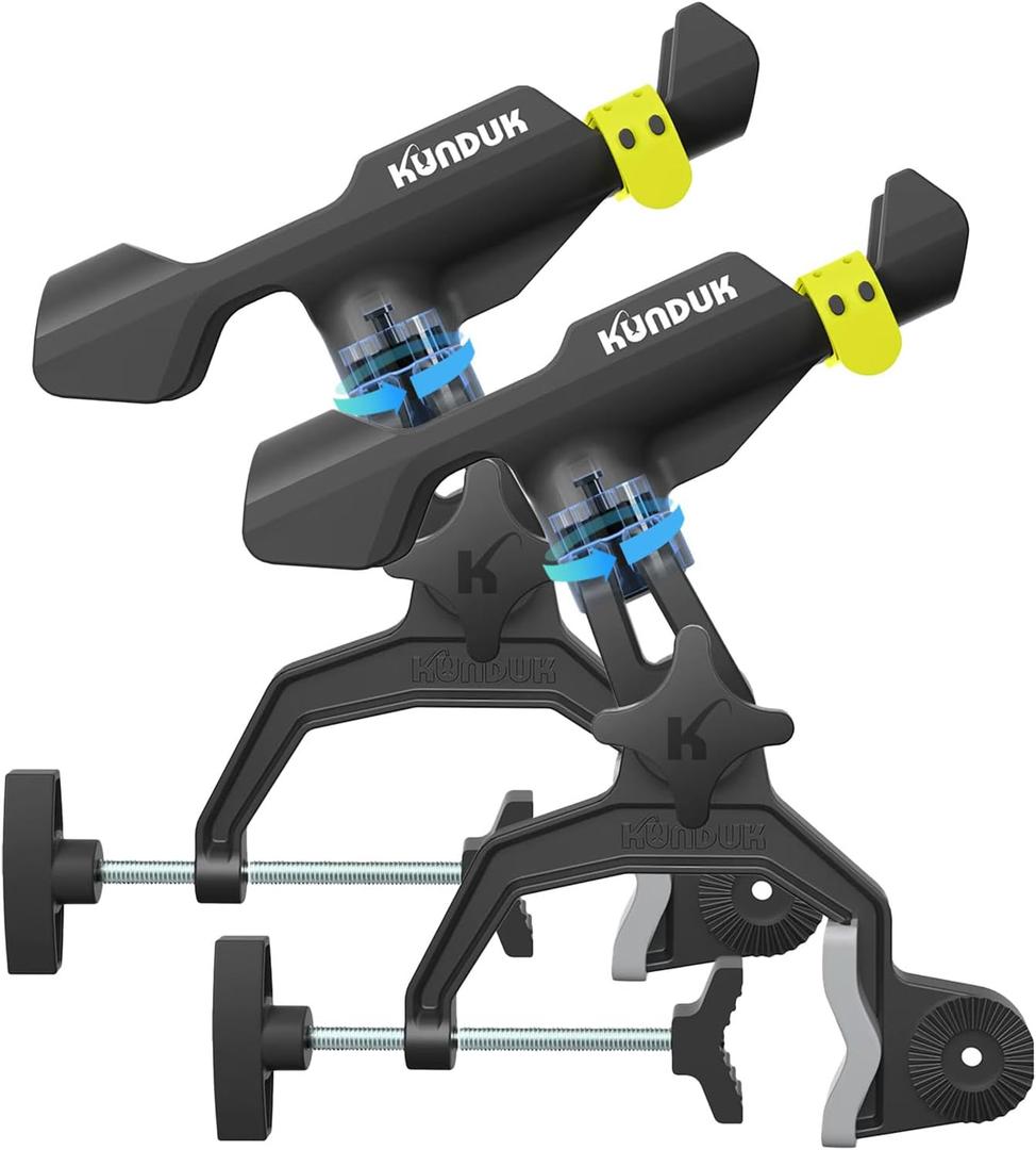 Upgraded Fishing Rod Holder with Button-Lock 360 Dual Rotation,Universal Silicone Strap & Enlarged V-Clamp Fits Round/Square Tubes,Secure Adjustable Boat Fishing Gear for All Rod (Black 2 Pairs)