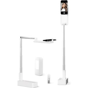 Phone Stand for Recording, Overhead Phone Mount with Light, Selfie Stand,Portable,Extendable,360 Rotate,Adjustable,Wireless Remote,Rechargeable, for 3.5-6.9" Phones, Live Streaming, White