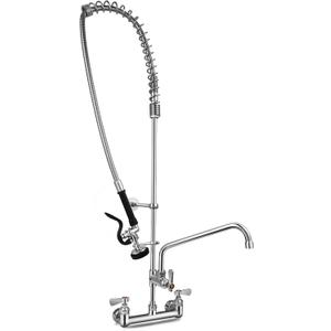 Commercial Kitchen Faucet with Pre-Rinse Sprayer 47" Height 8" Center Brass Constructed Wall Mount Kitchen Sink Faucet with Coiled Spring Pull Down Spray and 12" Add-on Swing Spout