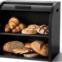 G.a HOMEFAVOR Bread Box: Large 2-Tier Bamboo Roll Top Bread Storage Container for Kitchen Counter, Bread Holder Food Bin for Countertop, Self-Assembly, Black