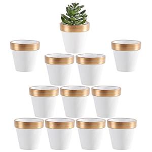Yishang 2.5 inch White&Gold Terracotta Pots with Drainage Holes,Small Mini Clay Ceramic Pottery Planter,Cactus Flower Terra Cotta Pots,Succulents Nursery Pots for Indoor/Outdoor Plants,Crafts-12 Pack