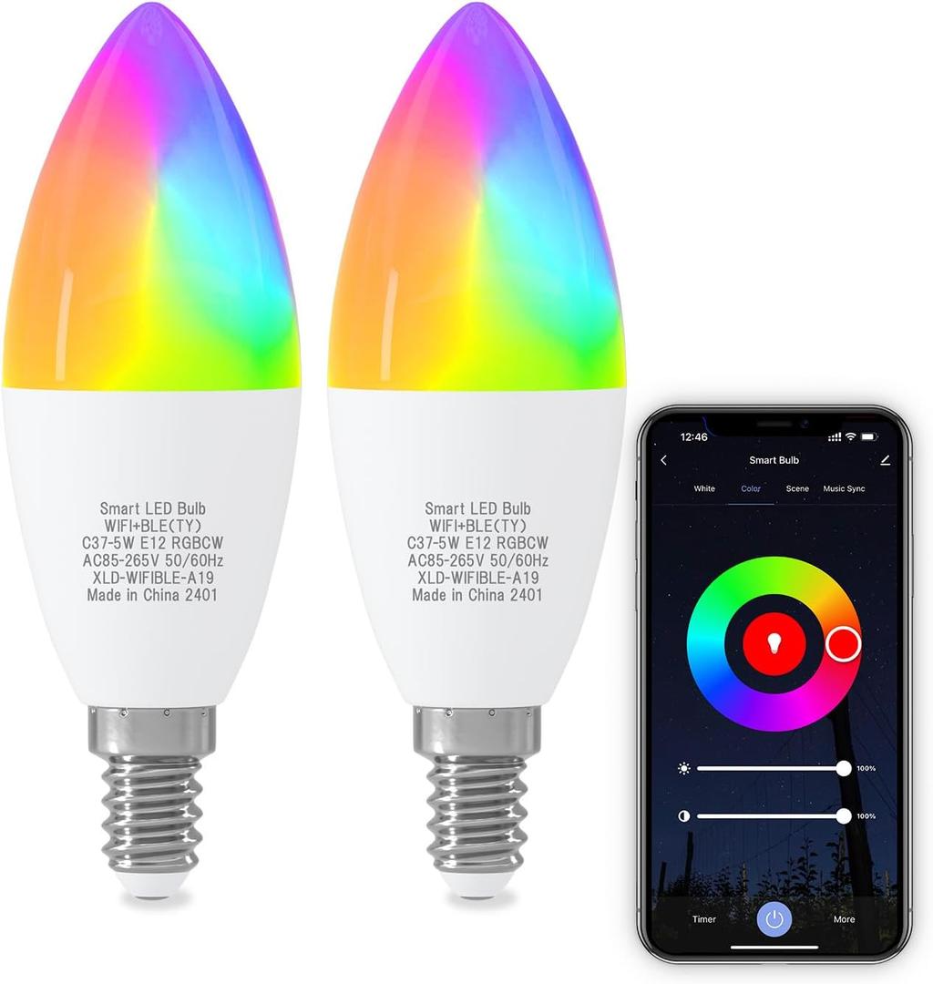 ORALUCE Smart Light Bulb Compatible with Alexa & Google Home, C37 E12 LED Light Bulb 40W Equivalent, 2.4GHz WiFi & Bluetooth Color Changing APP Dimmable, Multicolor LED Bulb 450 Lumens,2P
