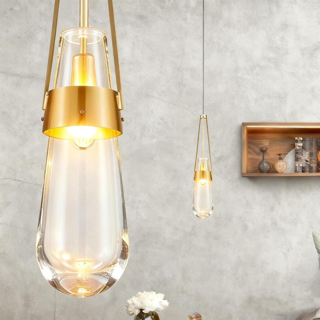 Raindrop Pendant Light Fixtures Set of 2, Brass Glass Pendant Lighting, Teardrops Gold Hanging Light Clear Solid Glass Pendant Light Modern Chandeliers for Dining Room Porch Living Room