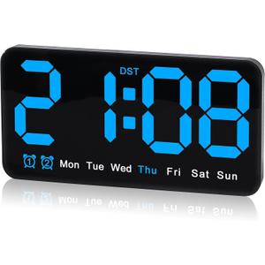 9.5 Inch Large Digital Wall Clock with LED Display, Auto DST, Dual Alarm with Snooze, Adjustable Brightness, Temperature & Date Display, Wall Mount or Desk Clock for Bedroom, Living Room, Office,-Blue