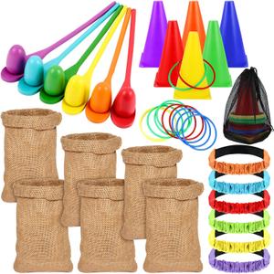 Sumind 40 Pcs Carnival Outdoor Games, 6 Pack 25x40 Burlap Potato Sack Race Bags for Kids Adults, Egg Spoon 3 Legged Race Bands Ring Toss Cones for Field Day Family Reunion Lawn Easter Games