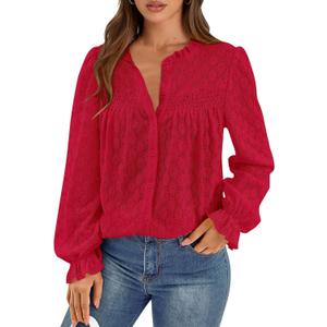 PRETTYGARDEN Lace Long Sleeve Shirts Casual Button Down Going Out Tops Hollow Out Eyelet Blouses 2026 Spring Fashion Clothing(Red,Small) (S)