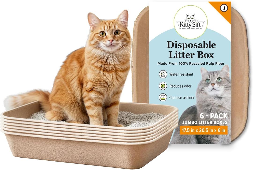 Kitty Sift Disposable Cat Litter Box Jumbo, 6 Count, Durable and Portable for Travel and Home, Eco-Friendly Disposable Litter Box Controls Odor