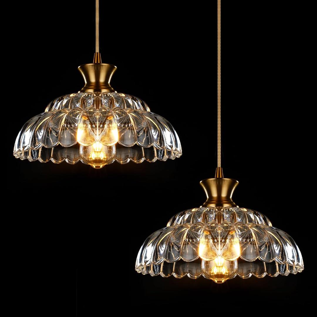 2Pack Glass Pendant Lights Kitchen Island, 11.8" Vintage Lighting Glass Light Fixtures Brushed Gold Modern Chandelier Hanging Ceiling for Dining Living Room Restaurant Bedroom Foyer, 12in/2PC