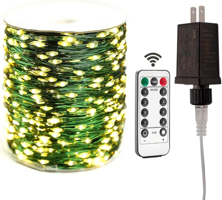 66FT Plug in Fairy Lights Warm White Green Wire LED String Lights 200 LED with Remote 8 Modes for Living Room, Christmas Tree, Patio, Garden, Wedding, Backyard