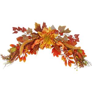 Fall Swag Wreaths for Front Door Artificial Dahlia Flowers Orange Floral Swag Autumn Pumpkins Berries Maple Leaf Fall Swags and Garlands for Wedding Arch Mantle Windows Wall Decor Thanksgiving