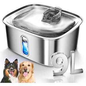 Dog Water Fountain for Large Dogs, 9L/2.4Gal Stainless Steel Dog Fountain with Water Level Window & Filtration, Automatic Pet Water Bowl Dispenser Indoor, Super Quiet for Multi-Pet