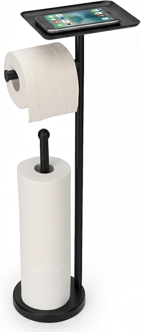 Toilet Paper Holder with Shelf, Freestanding Toilet Paper Stand with Storage Space for Holding Extra 4 Toilet Paper Rolls (Stainless Steel Base, Black)