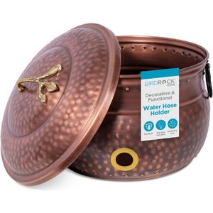BIRDROCK HOME Water Hose Holder with Lid | Ground Garden Hose Pot | Decorative | Handle | Embossed | Steel Metal with Copper Accents | Outdoor or Indoor Use