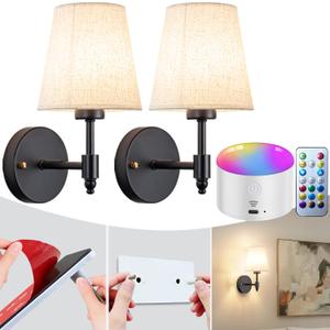 YHCDLAMP Peel and Stick Wall Sconces, No Drilling Stick On Wall Sconce, Wireless Battery Operated Wall Lights, Adhesive Wall Lamp with 10000mAh Battery Bulb for Bedroom Living Room Decor (Black-11.8inch)