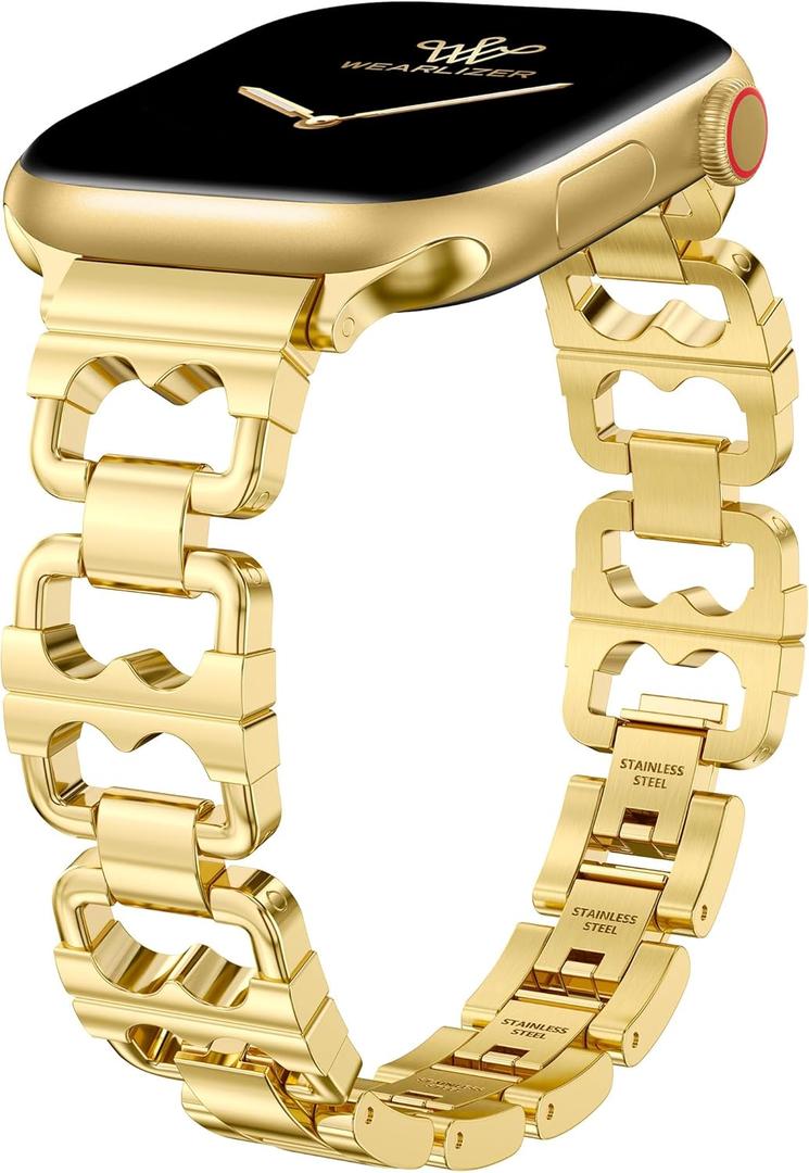 Wearlizer Compatible with Apple Watch Band 42/46/38/40/41/44/45/49mm Women, Dressy Pretty Stainless Steel Metal Strap Fancy Designer Link Bracelet for iWatch Series 11 10 9 8 7 6 5 4 3 SE/Ultra 3 2 1 (Gold)