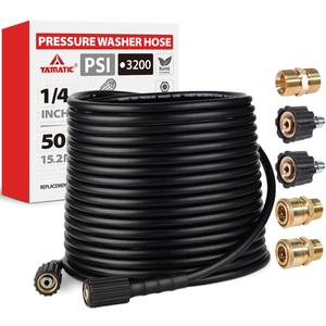 YAMATIC Pressure Washer Hose 50FT 1/4" M22 Kink Resistant Power Washer Hose Replacement for Ryobi, Troy Bilt, Greenworks, CRAFTSMAN Most Brand Power Washer with 3/8" Quick Connect Adapter, 3200 PSI
