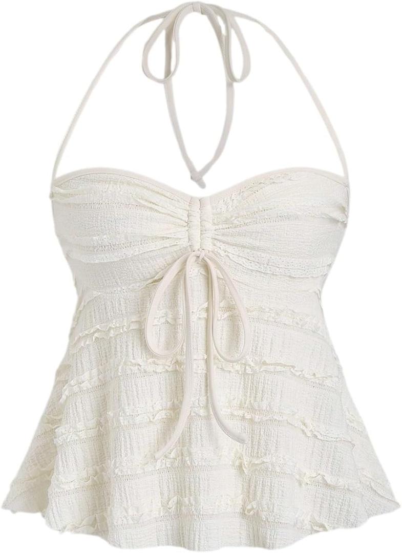 SOLY HUX Women's Peplum Halter Crop Tops Y2K Drawstring Tie Ruched Dressy Casual Spaghetti Strap Cami Top M