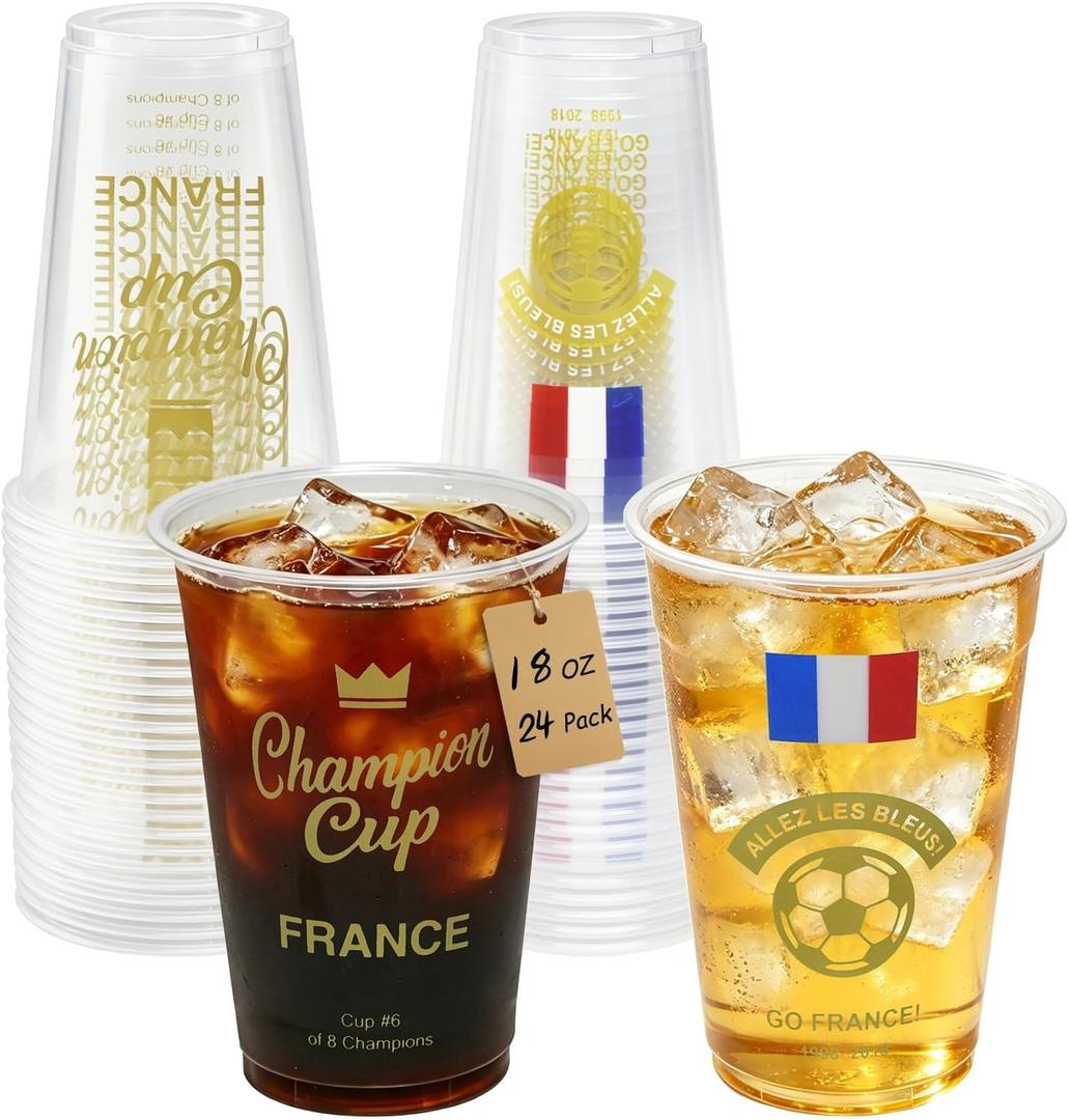 18 oz Champion Cup Salute To France, 2-Time World Soccer Champion, 24-Count Disposable Plastic Party Cups, National Flag Themed for Fan Event Decorations Game-Day Festival, ALLEZ LES BLEUS