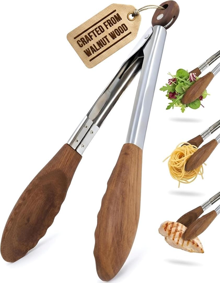 Boxiki Kitchen 9 Inch Tongs for Cooking with Wooden Tips - Nonstick Kitchen Tongs for Serving Food, Grilling, Cooking, BBQ and Tossing Sala d - Made of Natural Walnut Wood (Pack of 6)