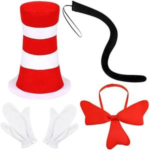 4PCS Stovepipe Hat Costume Accessories Set Cat Hat Red and White Striped Hat Red Bow Tie White Gloves Black Tails for Adults World Book Day Halloween Cosplay and Dress Up