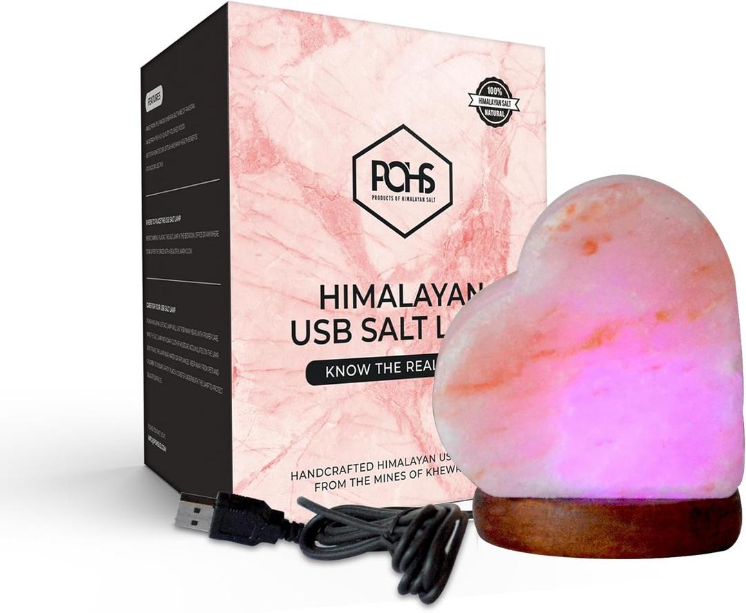 POHS USB Himalayan Mini Heart Salt Lamp, 7 Color Changing LED Bulb, Hand Crafted Crystal Rock Salt Night Light for Home Decor, Desk, and Gift | Premium Quality Wood Base and USB Cable