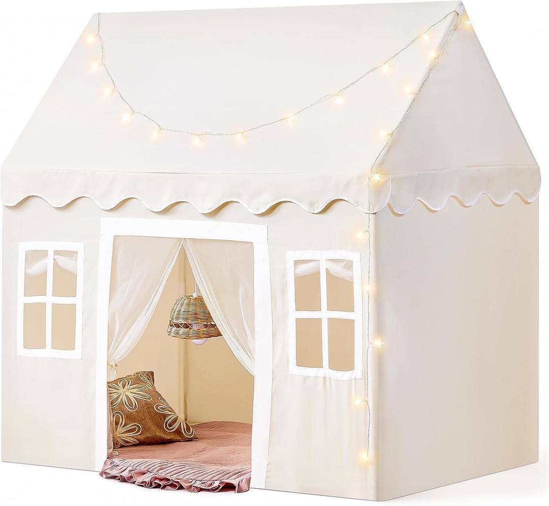 Tiny Land Play Tent with Padded Mat & LED Lights, Kids Tent, Playhouse for Kids, Indoor Bed Tent for Toddler, Toys for 3,4,5,6-Year-Old Girls, Neutral Color Play Room Furniture (Off-white)