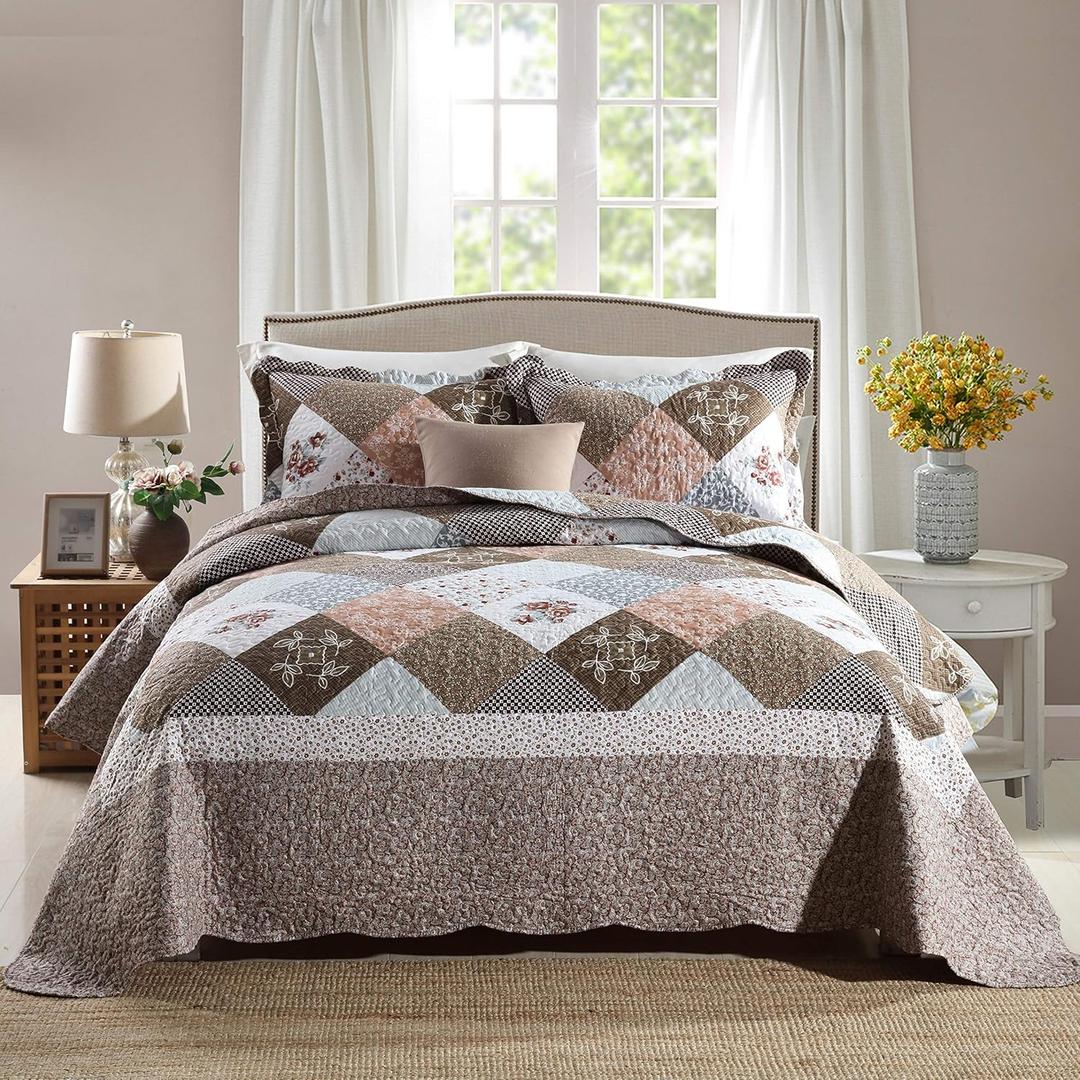 Travan 3-Piece Queen Quilt Sets with Shams Oversized Bedding Bedspread Reversible Soft Coverlet Set, Queen Size, Brown