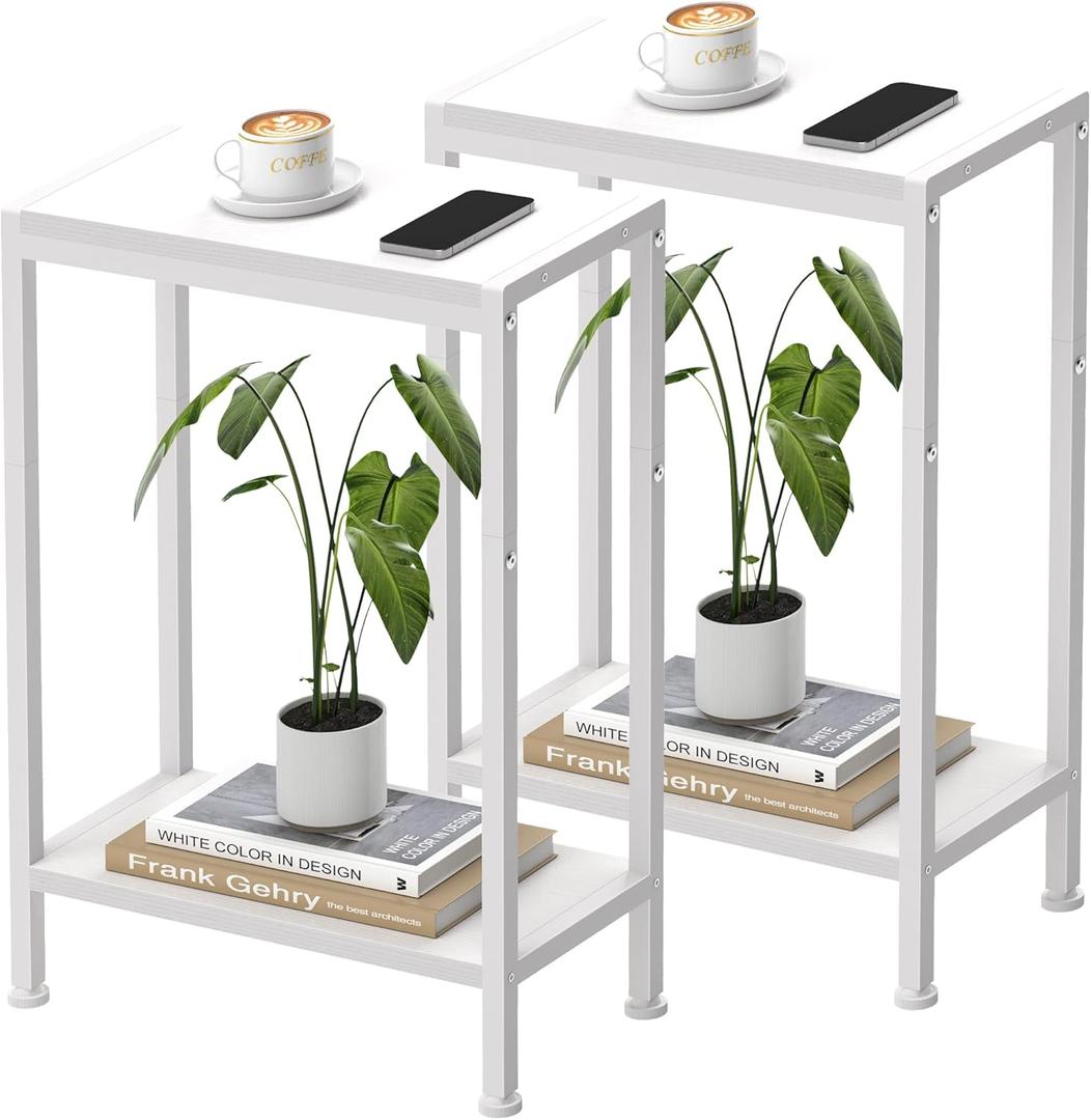 Narrow Side Table for Small Space Set of 2, 2-Tier Small End Table with Shelf Holder, Slim Nightstand, Skinny Snack Couch Table in Living Room, Bedroom, Study, Kitchen and BalconyWhite