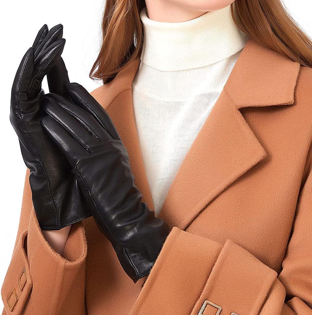 ZLUXURQ Luxury Italian Soft Leather Gloves for Women - Genuine SheepSkin Leather Womens Cold Weather Gloves Cashmere Lined (X-Small-6'', Black(100%fleece Lined/Economic))