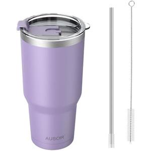 Pack of 2 AUSOR 30 oz Tumbler with Lid and Straw,Water Bottle,Insulated Stainless Steel Tumbler for Hot & Cold, Coffee Travel Mug Cups Reusable Purple