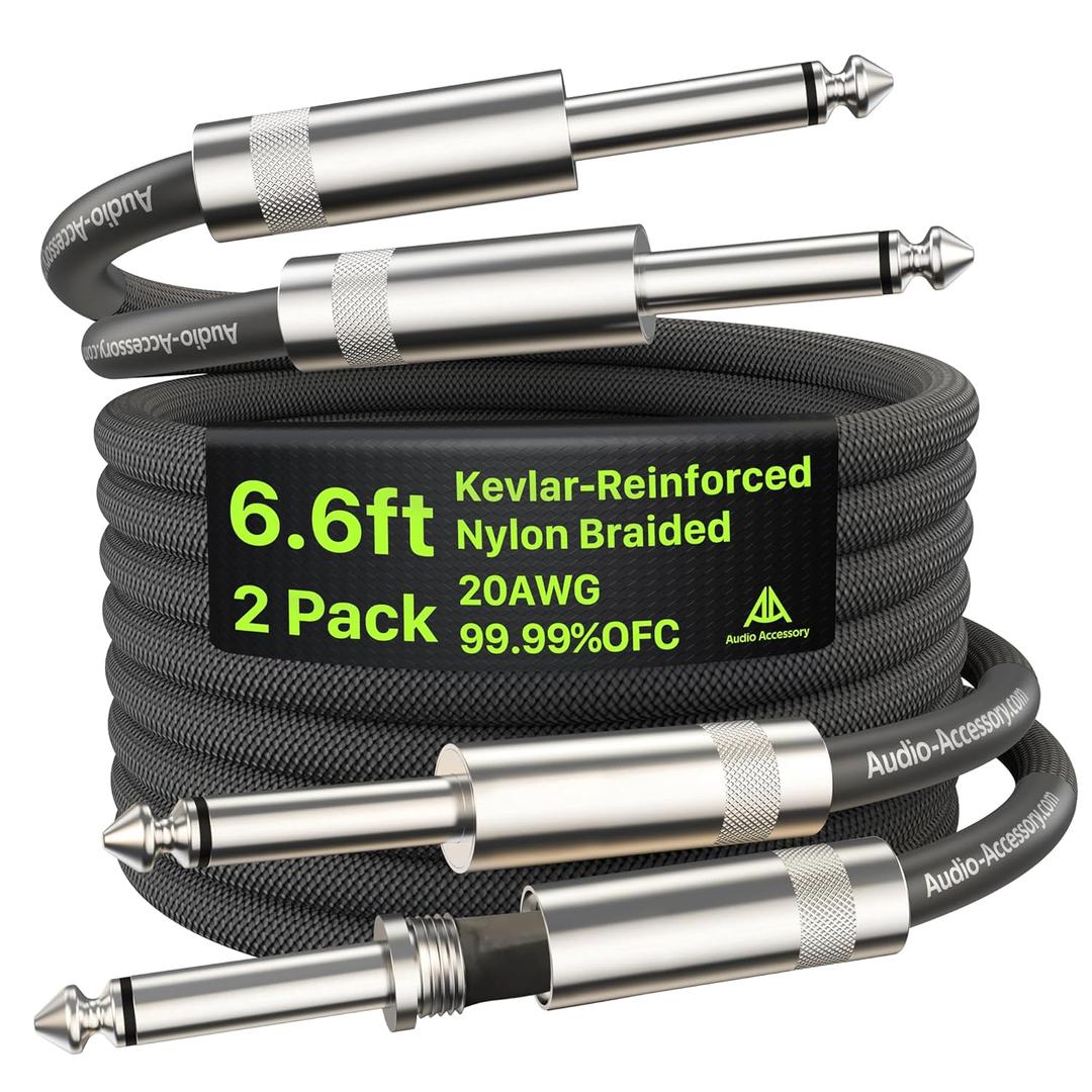 Guitar Cable 6.6ft 2 Pack, Nylon Braided Anti-Kinking Kevlar-Reinforced, Neutrik REAN Connector, 20 Gauge 99.99% OFC 1/4 Instrument Cable, AL & OFC Dual Shielded Amp Cord for Fender Electric Guitar (Black)