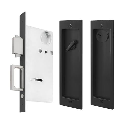 Pocket Door Lock,Modern Rectangular Pocket Door Hardware, Finger Flush Pulls with Edge Pull for Pocket Doors, Sliding Doors,Folding Doors etc (Black, Keyed Lock)